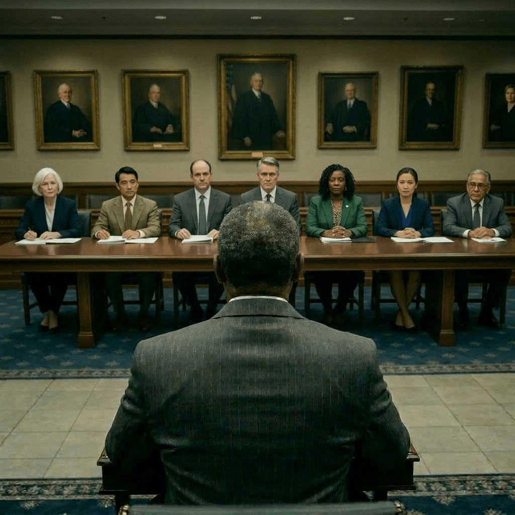 Seven professionals seated at a conference table with one standing and speaking during a formal meeting